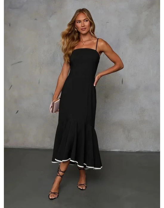 Kadın Ip Askılı Straplez Kesim Detay Maksi Boy Janjan Krep Elbise