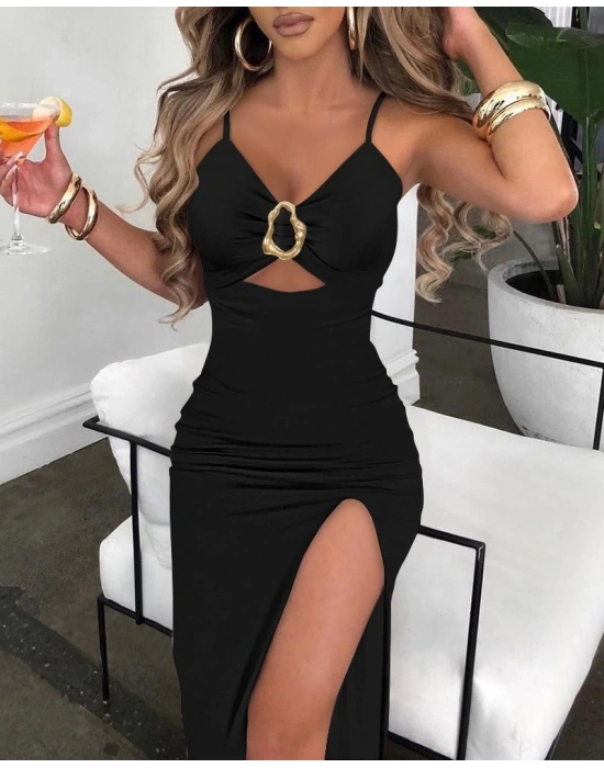 Kadın Ip Askılı Toka Detaylı Yırtmaçlı Janjan Krep Elbise