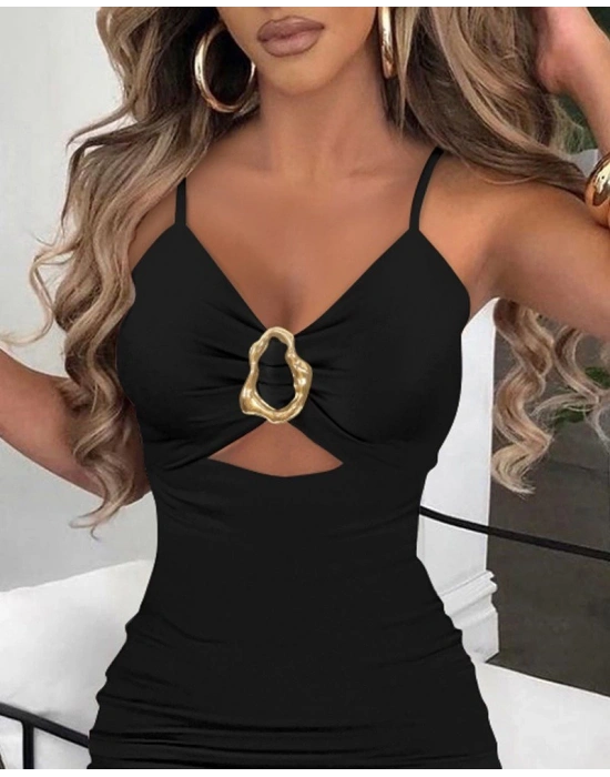 Kadın Ip Askılı Toka Detaylı Yırtmaçlı Janjan Krep Elbise