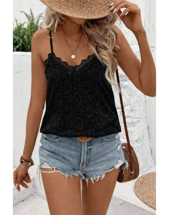 Kadın Ip Askılı V Dantel Yakalı Dantel Bluz