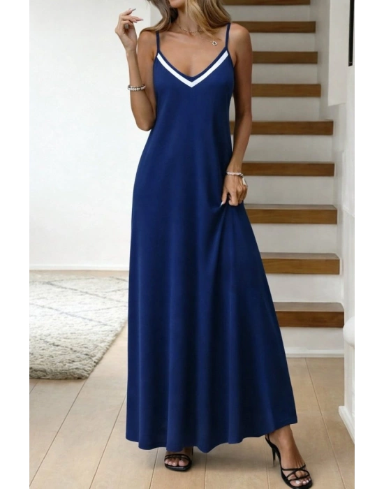 Kadın Ip Askılı V şerit Yakalı Uzun Viskon Elbise