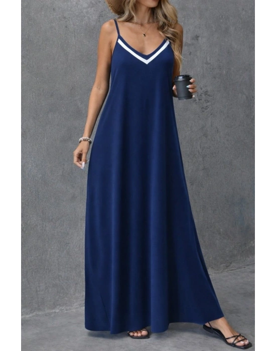 Kadın Ip Askılı V şerit Yakalı Uzun Viskon Elbise