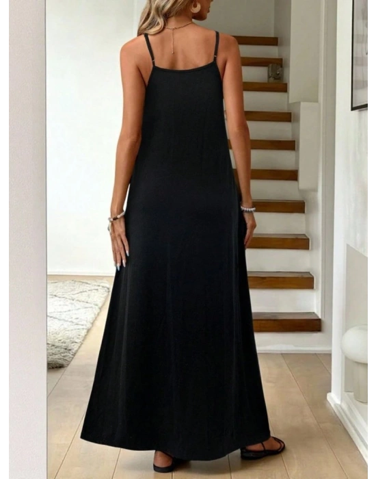 Kadın Ip Askılı V şerit Yakalı Uzun Viskon Elbise