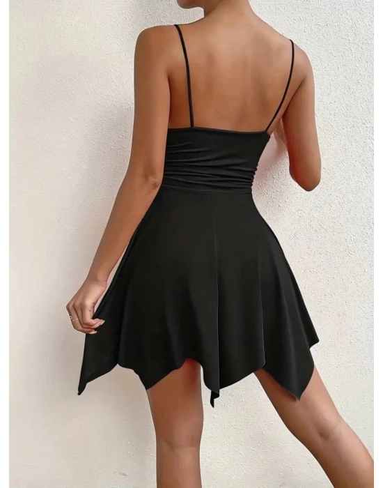 Kadın Ip Askılı V Yakalı Asimetrik Kesim Detaylı Janjan Krep Elbise