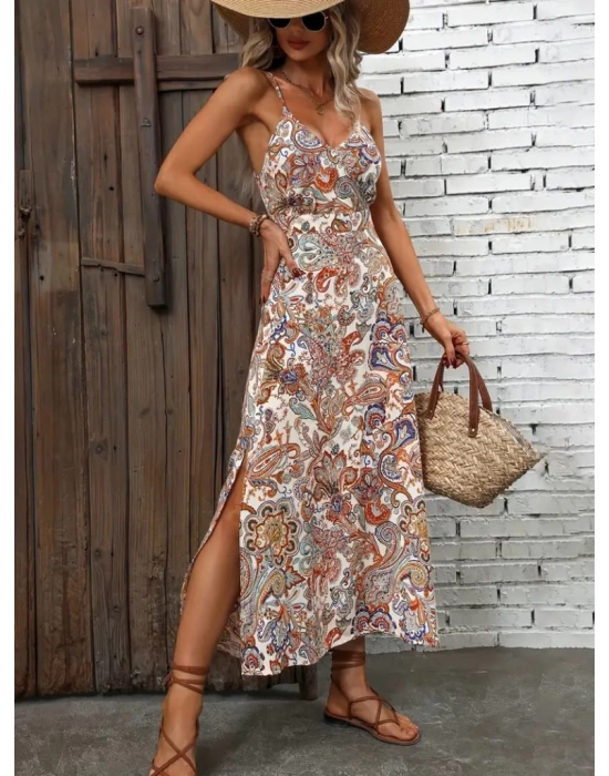 Kadın Ip Askılı V Yakalı Baskılı Yırtmaçlı Süprem Uzun Elbise