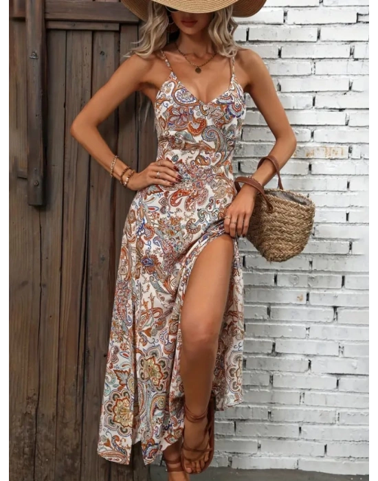 Kadın Ip Askılı V Yakalı Baskılı Yırtmaçlı Süprem Uzun Elbise