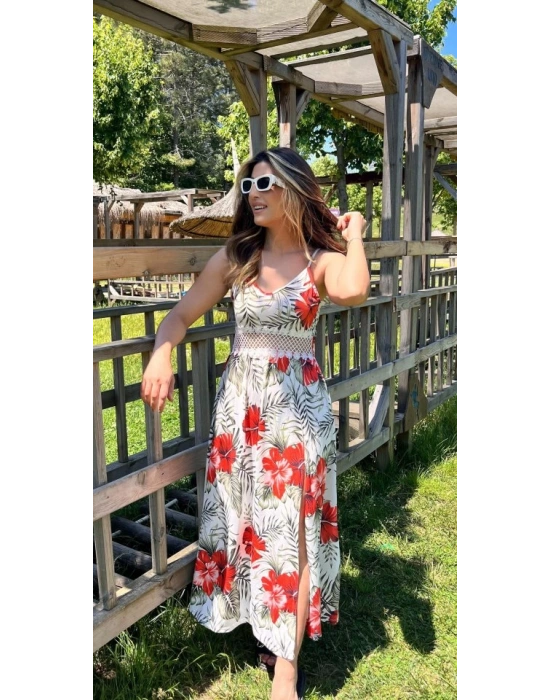 Kadın Ip Askılı V Yakalı Bel Güpür çiçek Desenli Yandan Yırtmaçlı Maksi Süprem Elbise