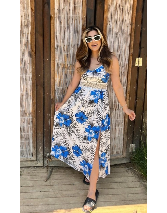 Kadın Ip Askılı V Yakalı Bel Güpür çiçek Desenli Yandan Yırtmaçlı Maksi Süprem Elbise