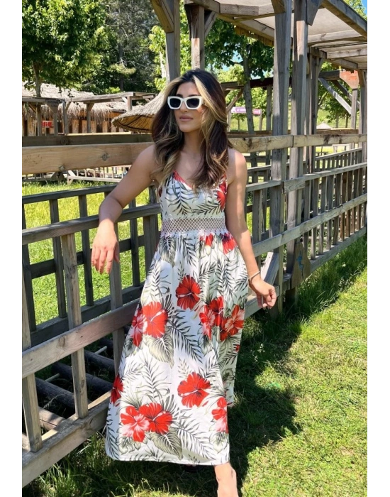 Kadın Ip Askılı V Yakalı Bel Güpür çiçek Desenli Yandan Yırtmaçlı Maksi Süprem Elbise
