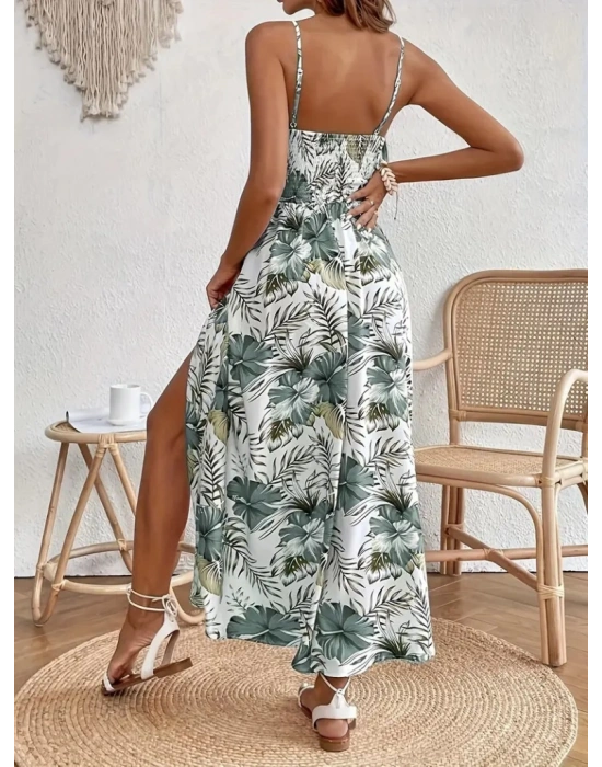 Kadın Ip Askılı V Yakalı Bel Güpür çiçek Desenli Yandan Yırtmaçlı Maksi Süprem Elbise