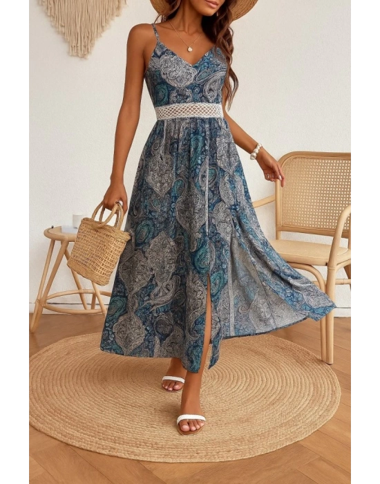 Kadın Ip Askılı V Yakalı Bel Güpür çiçek Desenli Yandan Yırtmaçlı Maksi Süprem Elbise