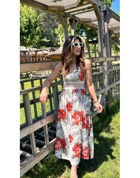 Kadın Ip Askılı V Yakalı Bel Güpür çiçek Desenli Yandan Yırtmaçlı Maksi Süprem Elbise