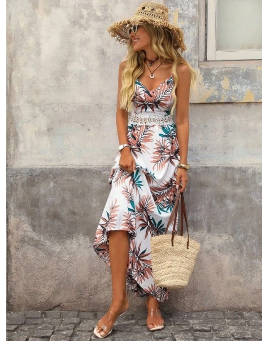 Kadın Ip Askılı V Yakalı Beli Dantelli Uzun Süprem Elbise