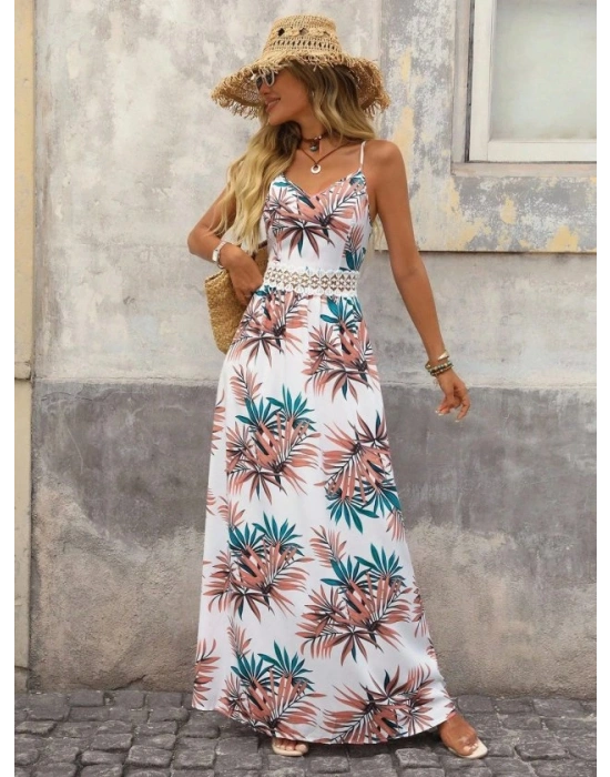 Kadın Ip Askılı V Yakalı Beli Dantelli Uzun Süprem Elbise