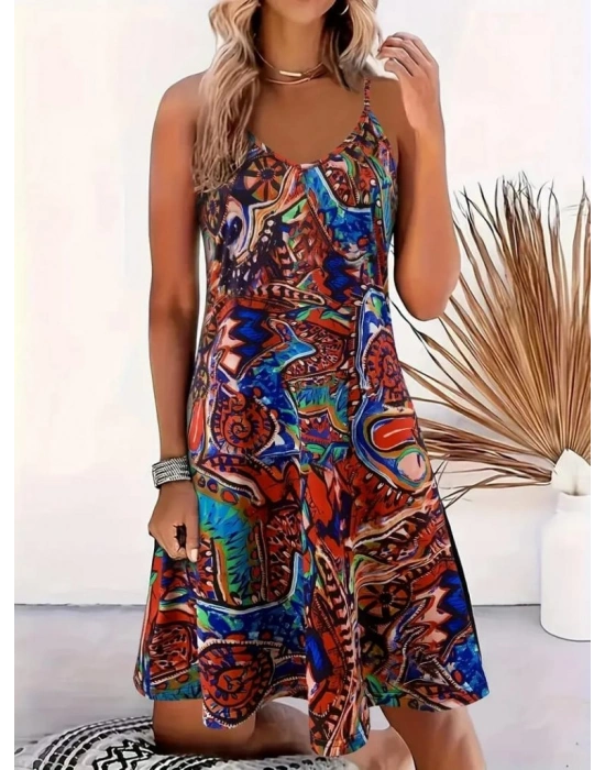 Kadın Ip Askılı V Yakalı Desenli Kısa Süprem Elbise