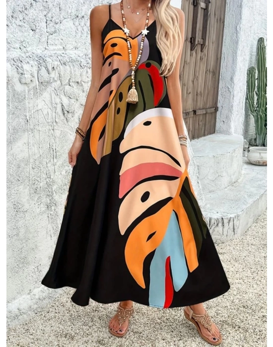 Kadın Ip Askılı V Yakalı Desenli Süprem Maxi Elbise