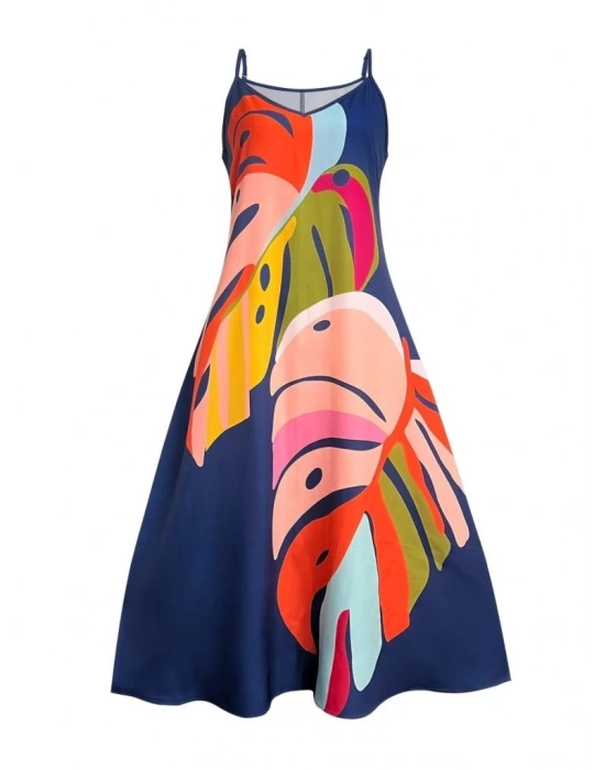 Kadın Ip Askılı V Yakalı Desenli Süprem Maxi Elbise