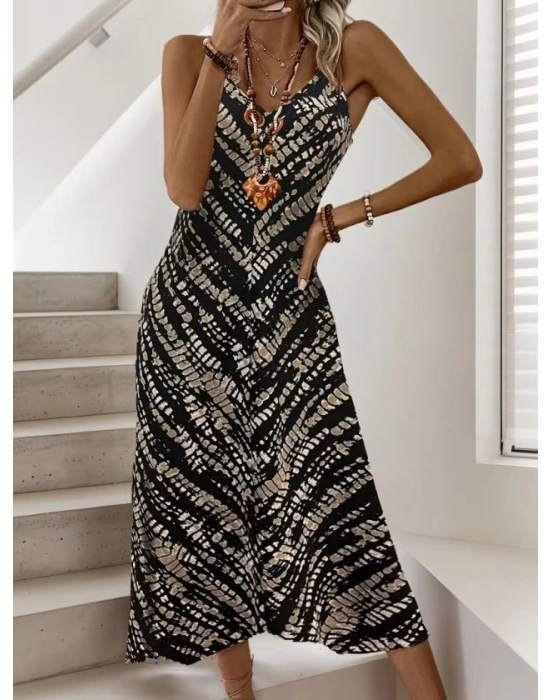 Kadın Ip Askılı V Yakalı Desenli Uzun Süprem Elbise