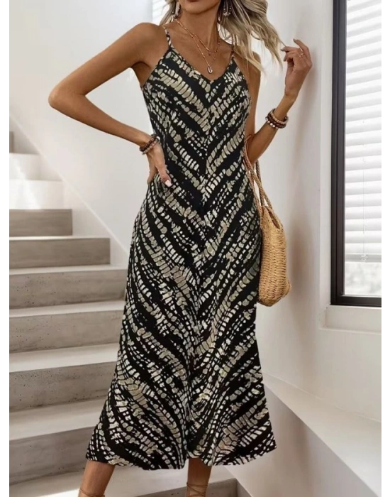 Kadın Ip Askılı V Yakalı Desenli Uzun Süprem Elbise