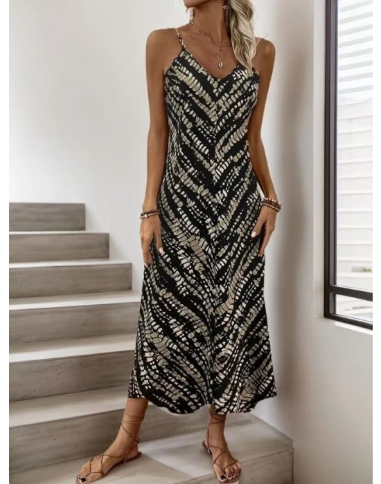 Kadın Ip Askılı V Yakalı Desenli Uzun Süprem Elbise