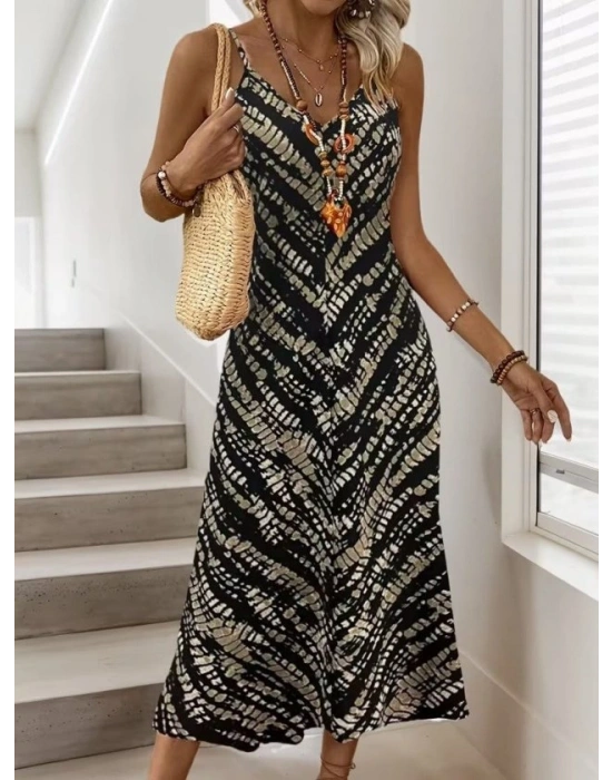 Kadın Ip Askılı V Yakalı Desenli Uzun Süprem Elbise