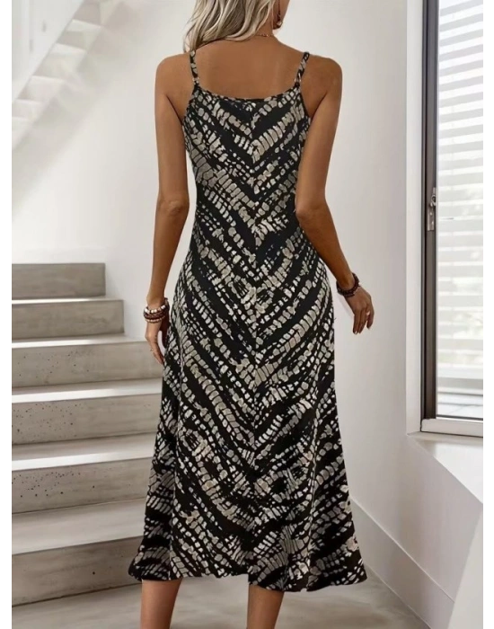 Kadın Ip Askılı V Yakalı Desenli Uzun Süprem Elbise