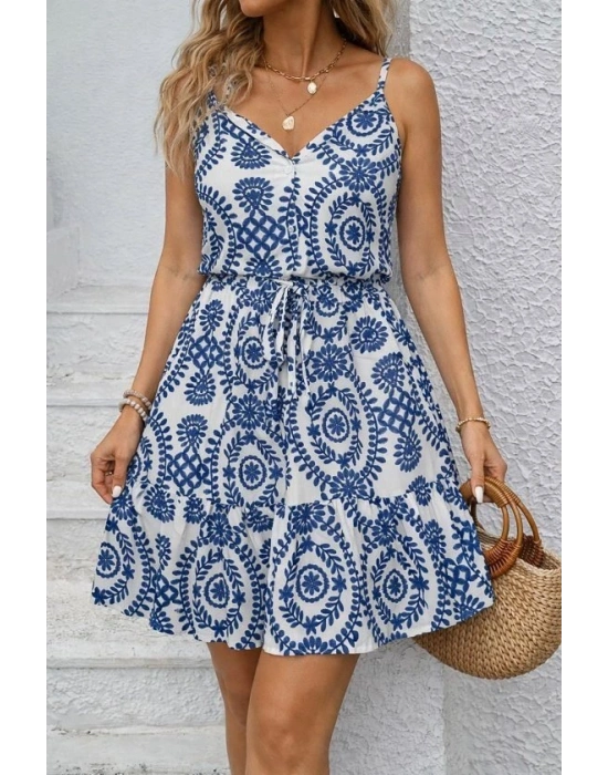 Kadın Ip Askılı V Yakalı Düğmeli Desenli Kısa Süprem Elbise