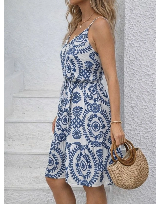 Kadın Ip Askılı V Yakalı Düğmeli Desenli Kısa Süprem Elbise