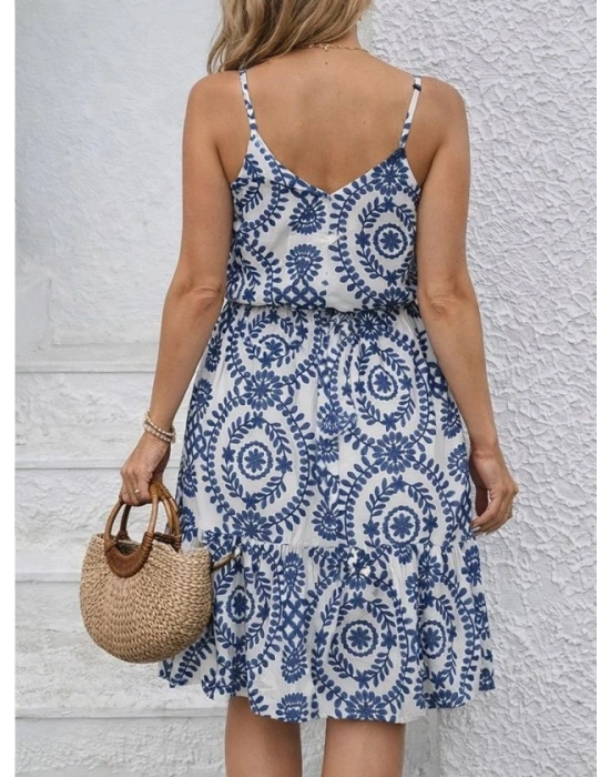 Kadın Ip Askılı V Yakalı Düğmeli Desenli Kısa Süprem Elbise