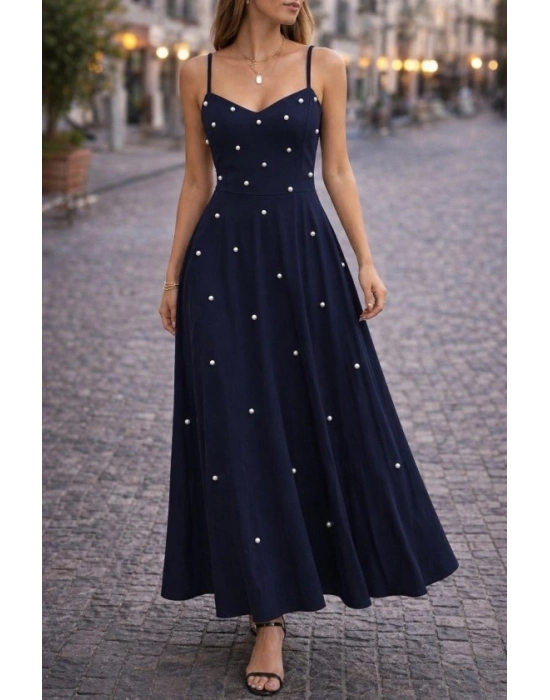 Kadın Ip Askılı V Yakalı Inci Detaylı Uzun Janjan Krep Elbise