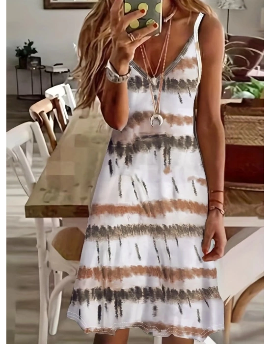 Kadın Ip Askılı V Yakalı Karışık Renkli Süprem Elbise
