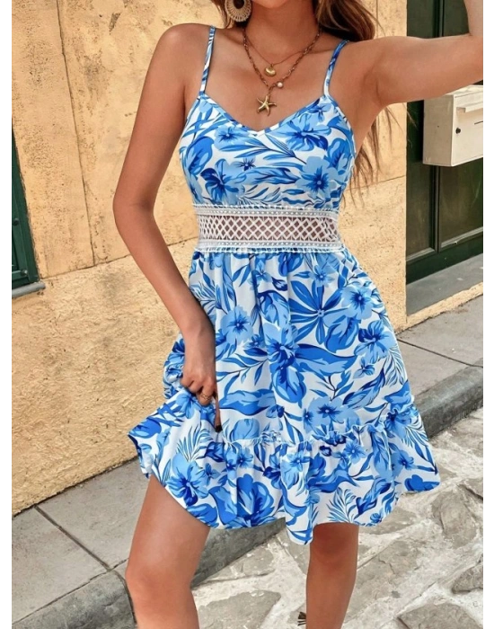 Kadın Ip Askılı V Yakalı Kısa Desenli Süprem Elbise