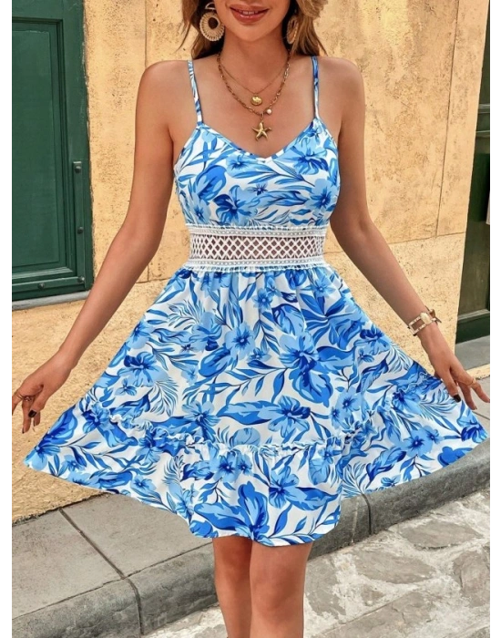 Kadın Ip Askılı V Yakalı Kısa Desenli Süprem Elbise