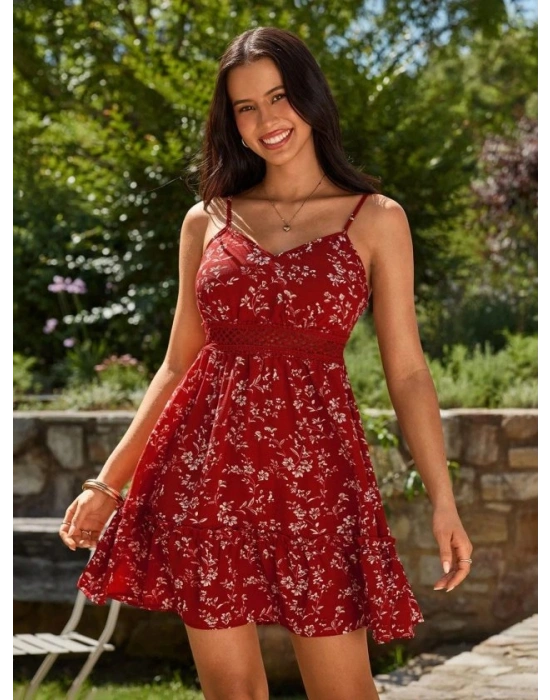 Kadın Ip Askılı V Yakalı Kısa Desenli Süprem Elbise