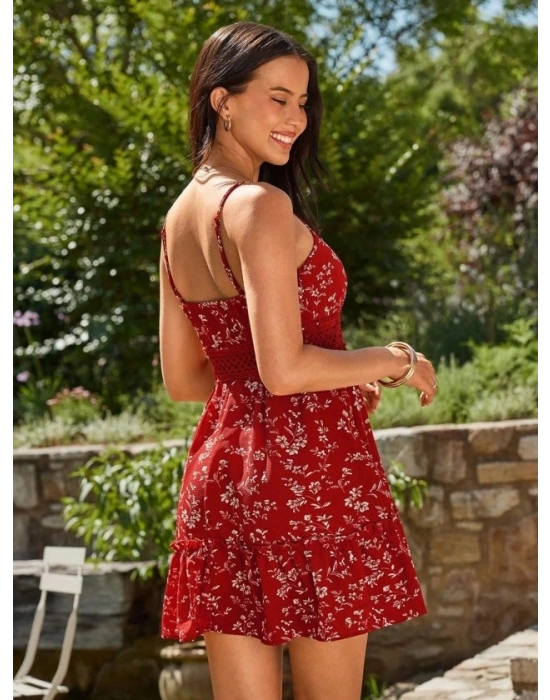 Kadın Ip Askılı V Yakalı Kısa Desenli Süprem Elbise