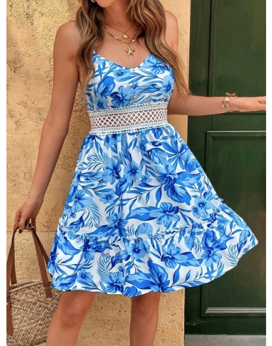 Kadın Ip Askılı V Yakalı Kısa Desenli Süprem Elbise