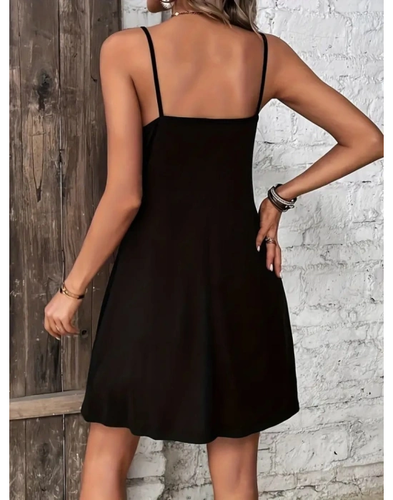 Kadın Ip Askılı V Yakalı Kısa Viskon Elbise
