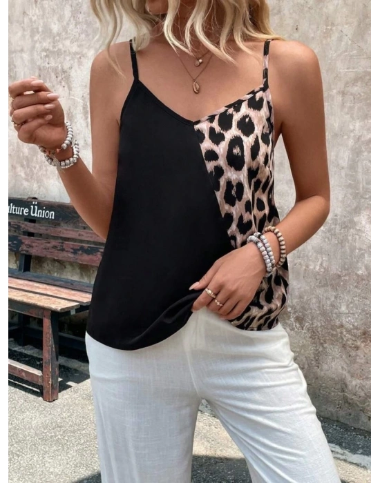 Kadın Ip Askılı V Yakalı Leopar Desenli Viskon Bluz