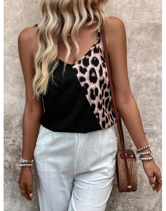 Kadın Ip Askılı V Yakalı Leopar Desenli Viskon Bluz