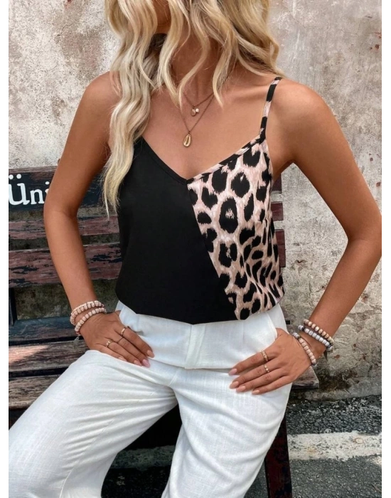 Kadın Ip Askılı V Yakalı Leopar Desenli Viskon Bluz