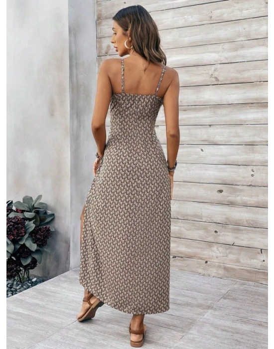 Kadın Ip Askılı V Yakalı Yırtmaçlı Uzun Süprem Elbise