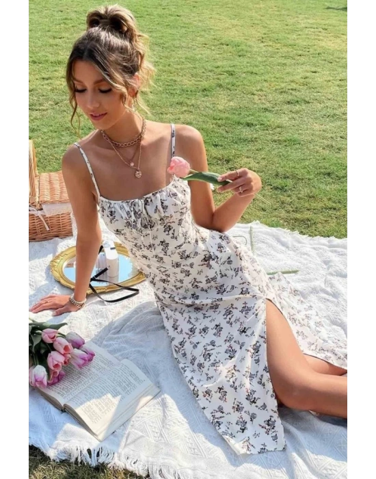 Kadın Ip Askılı Yakadan Bağcıklı Desenli Süprem Elbise