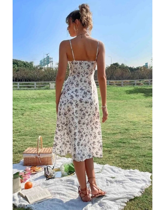 Kadın Ip Askılı Yakadan Bağcıklı Desenli Süprem Elbise