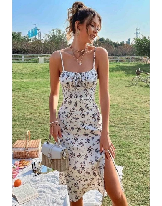 Kadın Ip Askılı Yakadan Bağcıklı Desenli Süprem Elbise