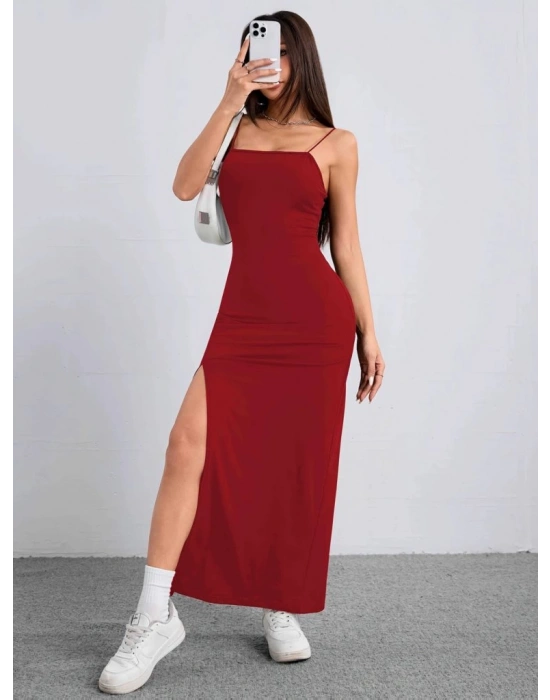 Kadın Ip Askılı Yandan Yırtmaçlı Janjan Krep Elbise