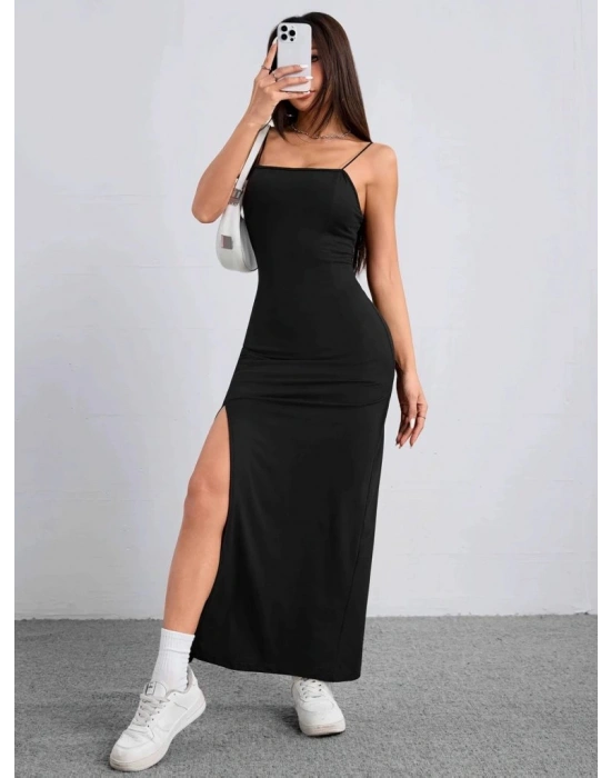 Kadın Ip Askılı Yandan Yırtmaçlı Janjan Krep Elbise