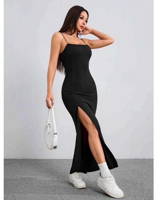 Kadın Ip Askılı Yandan Yırtmaçlı Janjan Krep Elbise