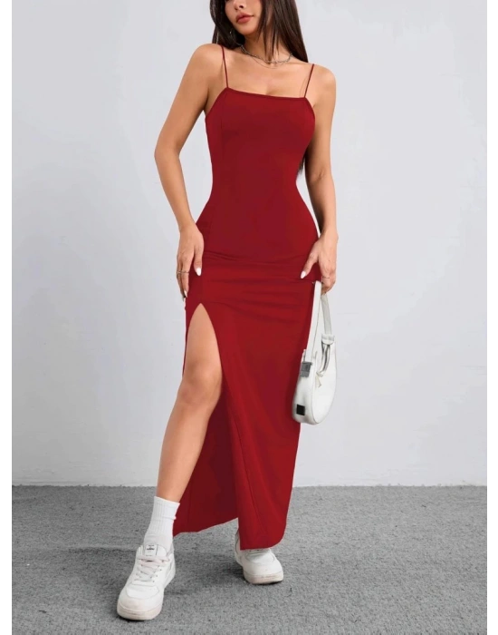 Kadın Ip Askılı Yandan Yırtmaçlı Janjan Krep Elbise