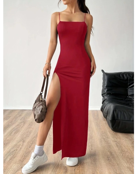 Kadın Ip Askılı Yandan Yırtmaçlı Janjan Krep Elbise