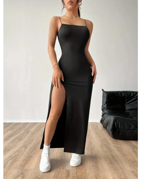 Kadın Ip Askılı Yandan Yırtmaçlı Janjan Krep Elbise